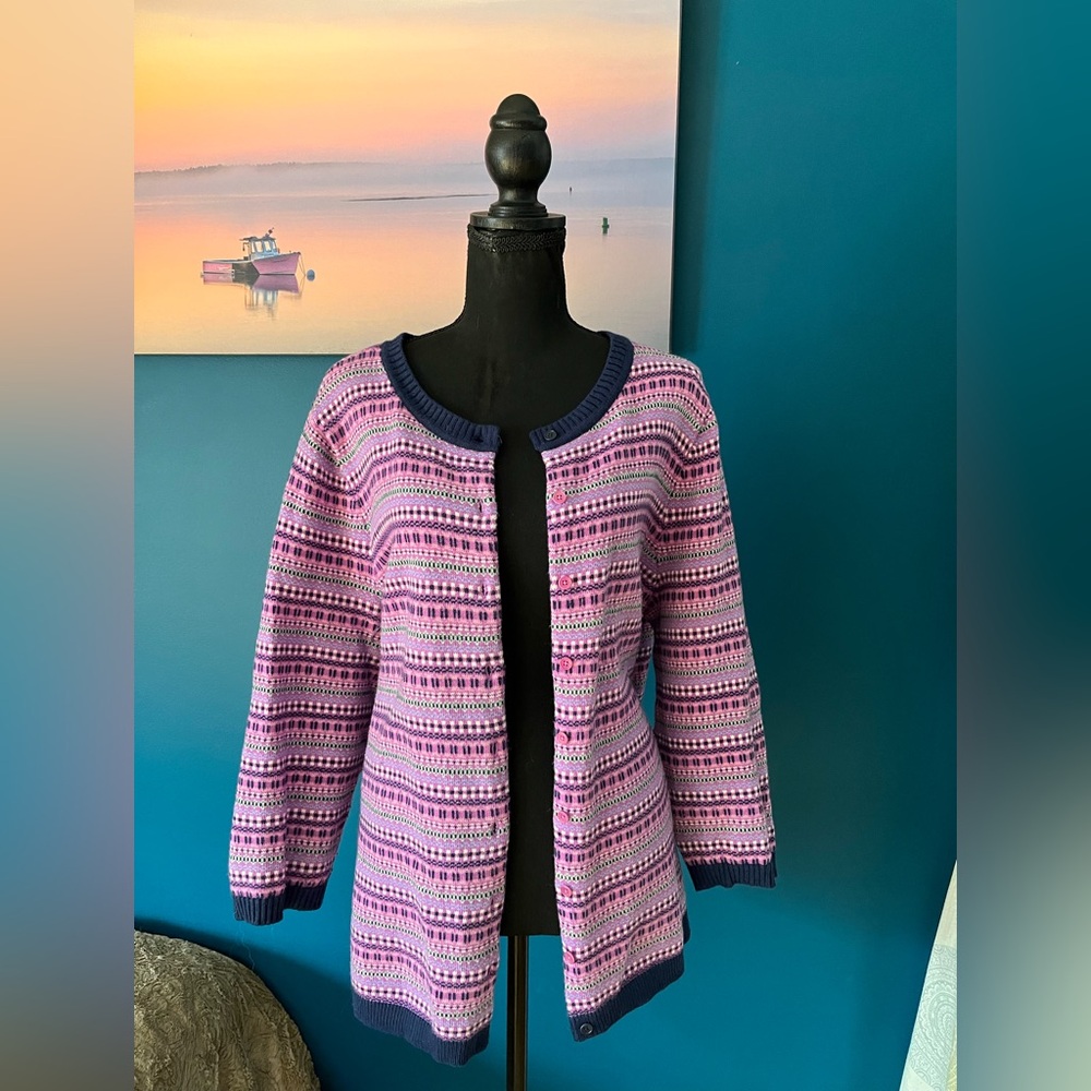 Talbots Fair Isle Cardigan Sweater Orchid Purple Wool Blend Nordic Women’s 2X